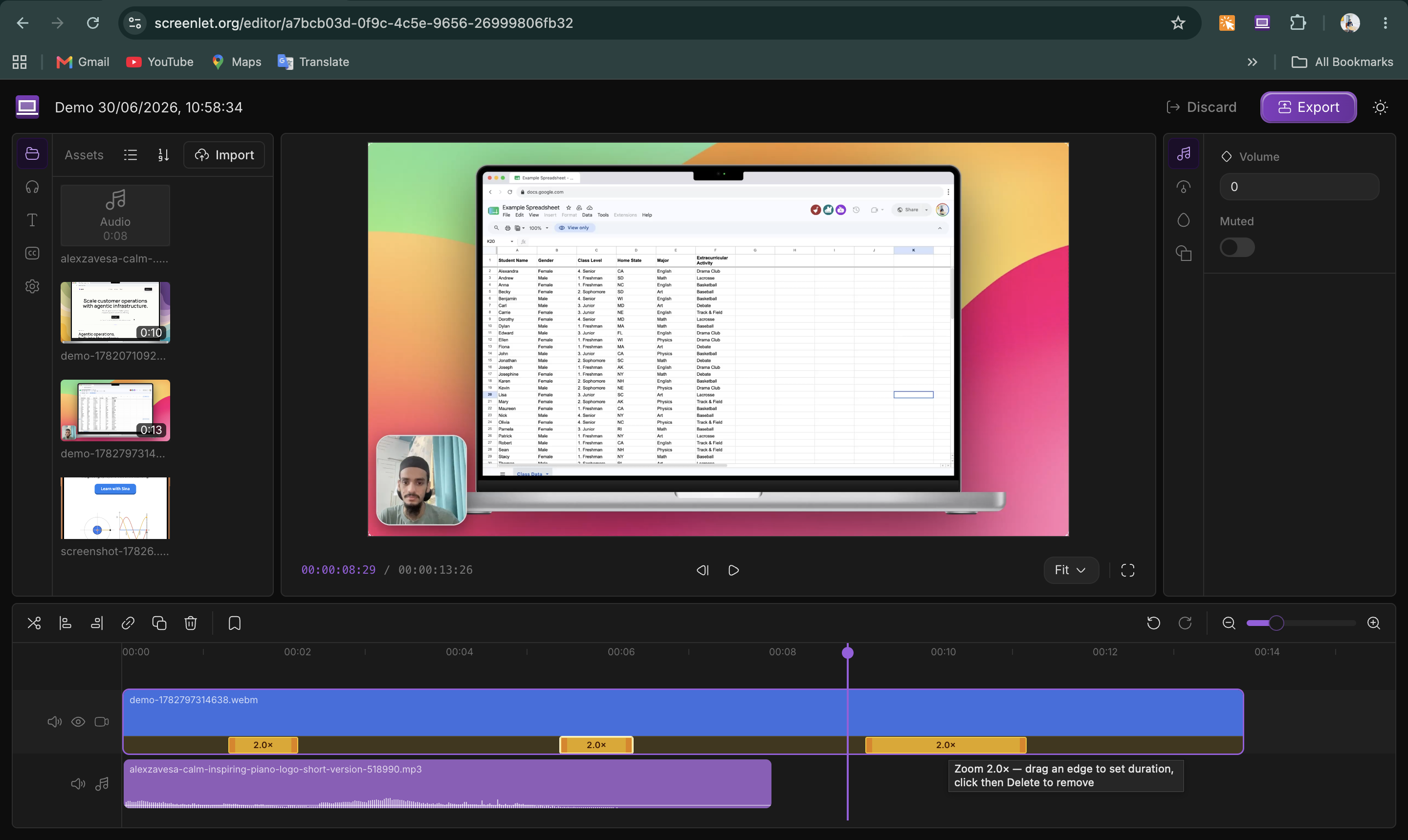 Screenlet Chrome extension recording a website inside a MacBook Pro mockup with a webcam bubble and cinematic zoom