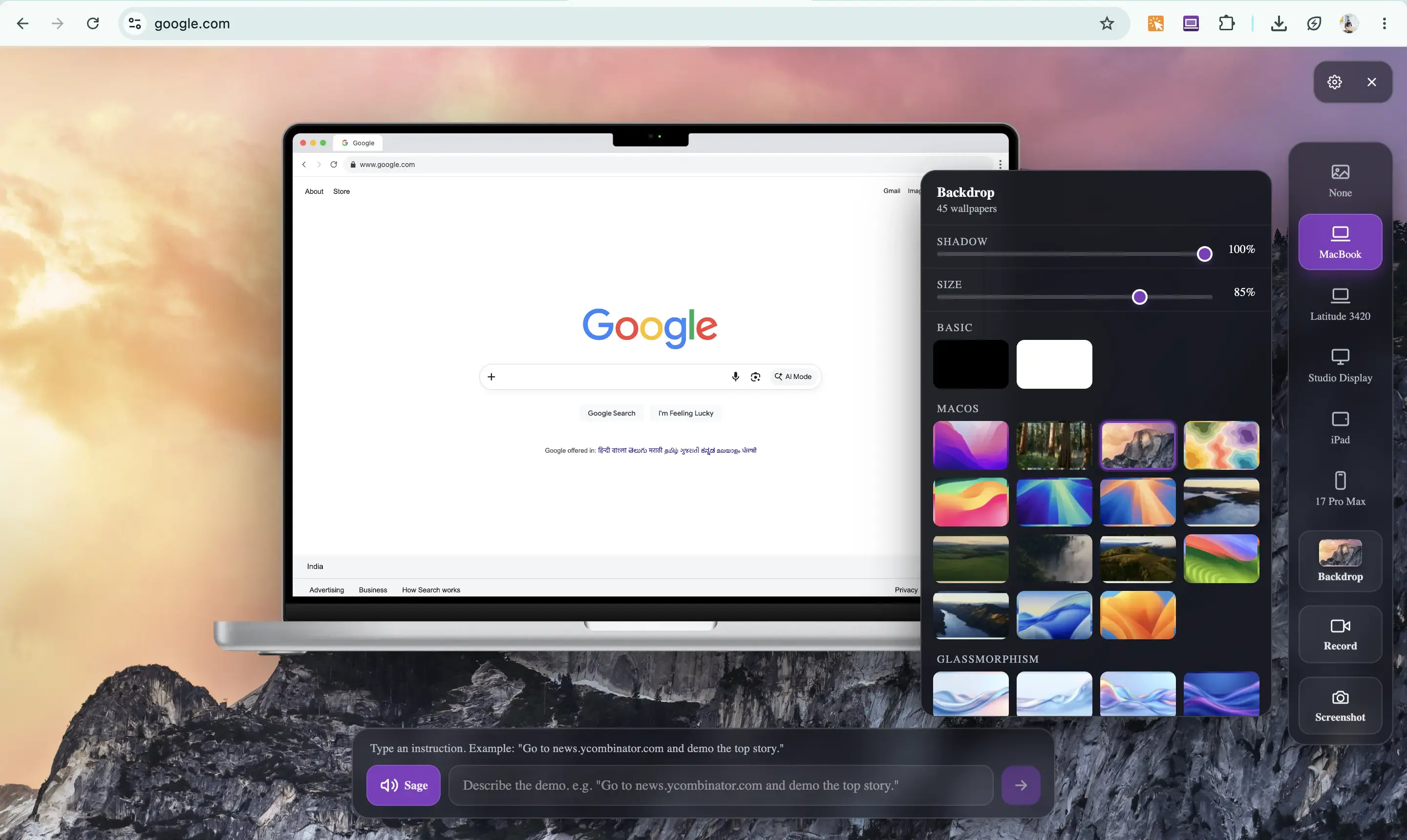 Free Screenlet screen recorder capturing a website inside a MacBook mockup with a webcam bubble
